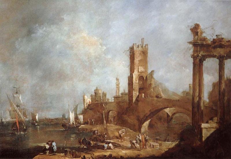 Francesco Guardi Hamnstad with classical ruins Italy oil painting image